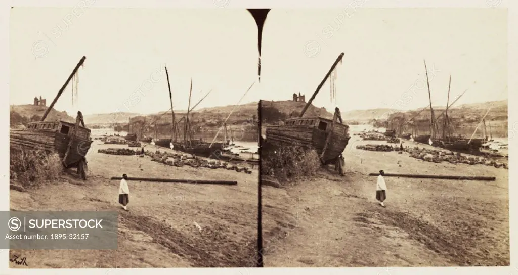 A stereoscopic photograph of boats on the River Nile at Aswan, Egypt, taken in 1859 by Francis Frith (1822-1898). This mage is one of a series of one ...