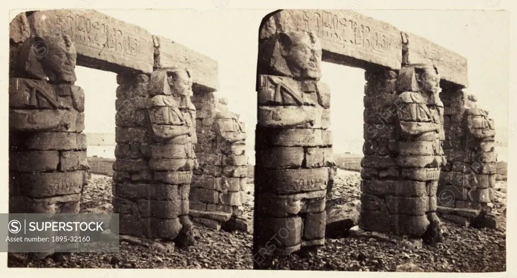 A stereoscopic photograph of Osiris-style columns depicting Ramesses II (1279-1213 BC) at the Temple of Gerf Hussein near Aswan, Egypt, taken in 1859 ...