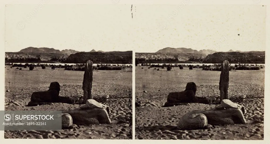 A stereoscopic photograph of two sphinxes in the desert at Wadi el Seboua, Egypt, taken in 1859 by Francis Frith (1822-1898). This image is one of a s...