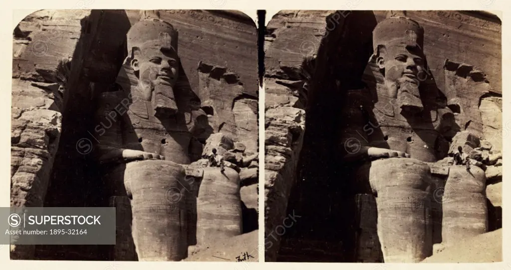 A stereoscopic photograph of the giant seated statue of Rameses II (1279-1213 BC) carved from the rockface at Abu Simbel, Egypt, taken in 1859 by Fran...
