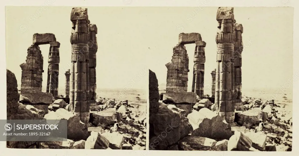 A stereoscopic photograph of ruined  columns at the temple of Soleb, Northern Sudan, taken in 1859 by Francis Frith (1822-1898). This image is one of ...