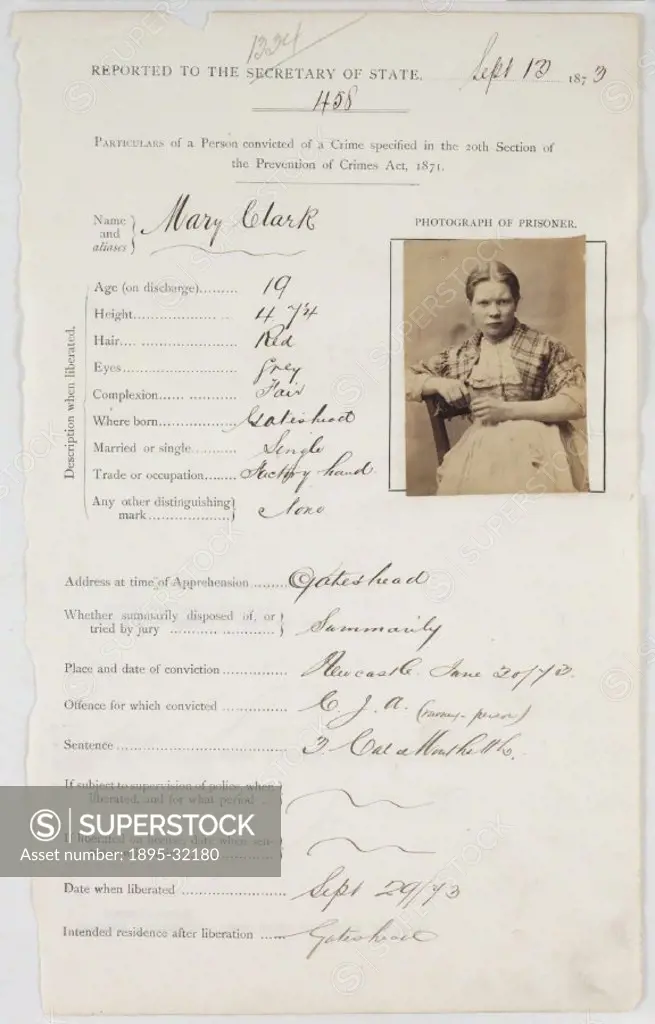A page from a prison record ledger containing a portrait and information about a convicted criminal, Mary Clark.  Clark, a nineteen-year-old factory h...