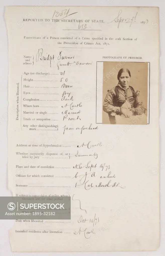 A page from a prison record ledger containing a portrait and information about a convicted criminal, Bridget Turner. Turner, a thirty-one-year-old pro...