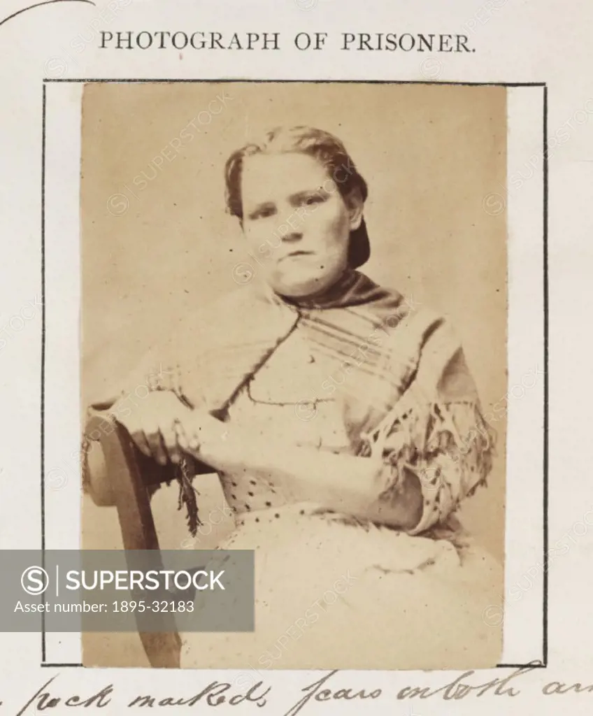 An identity photograph of a convicted criminal, Jane Bradley, from an album of prison record photographs, taken by an unknown photographer in 1873. Br...