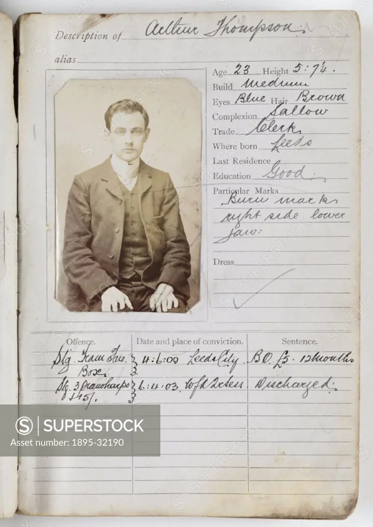 A page from a criminal record ledger compiled by the West Yorkshire police in 1903, containing portraits, personal details and criminal records of con...