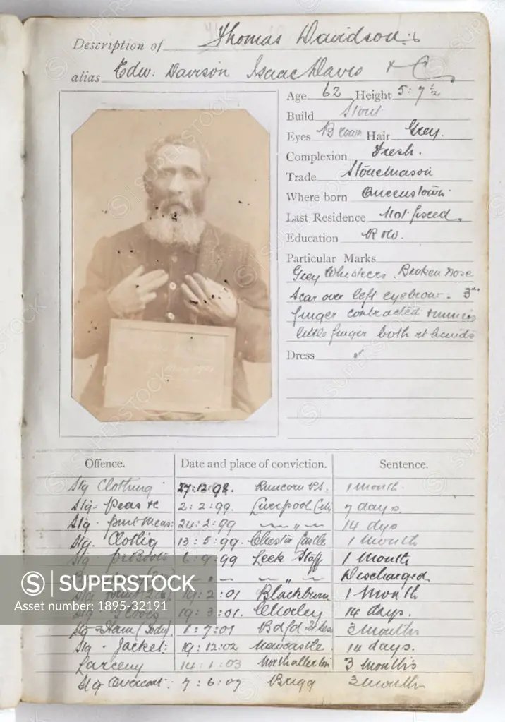 A page from a criminal record ledger compiled by the West Yorkshire police in 1901, containing portraits, personal details and criminal records of con...