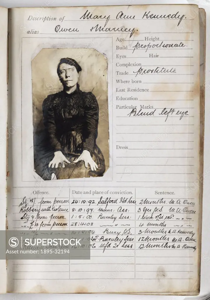 A page from a criminal record ledger compiled by the West Yorkshire police in about 1900, containing portraits, personal details and criminal records ...