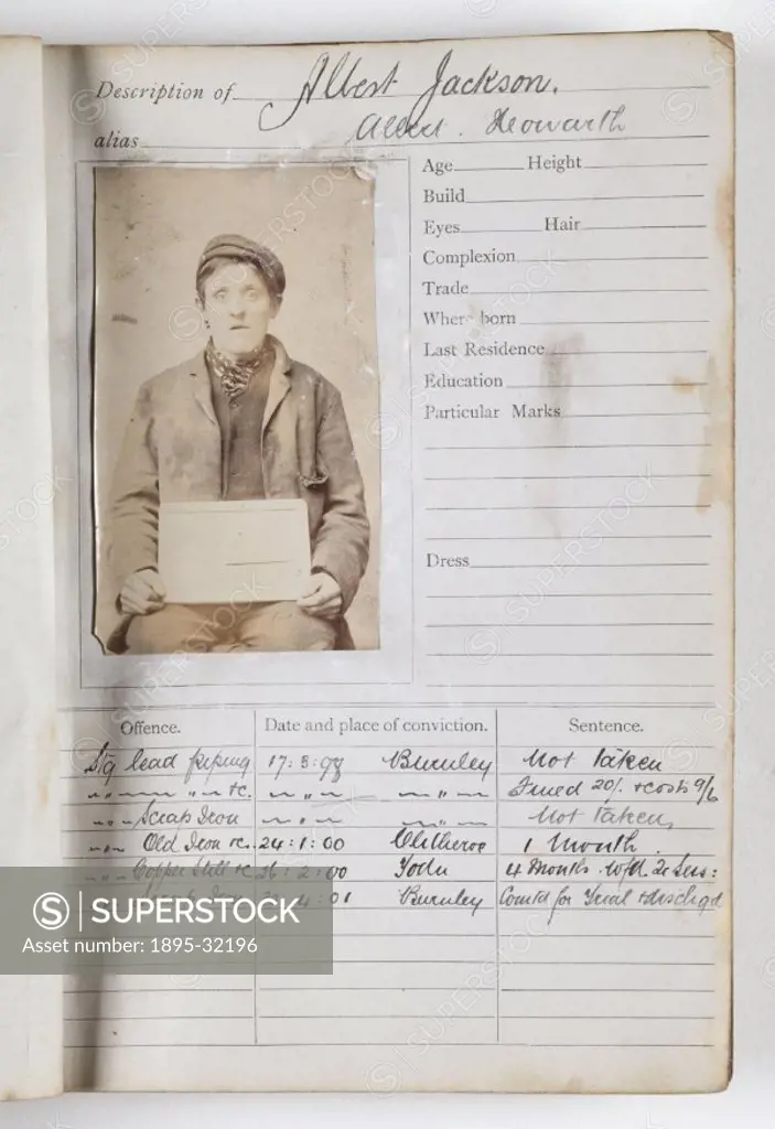 A page from a criminal record ledger compiled by the West Yorkshire police in about 1900, containing portraits, personal details and criminal records ...