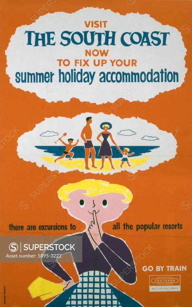 Visit the South Coast now to fix up your Summer Holiday Accommodation´, poster produced for British Railways (SR) to advertise the South Coast as a h...