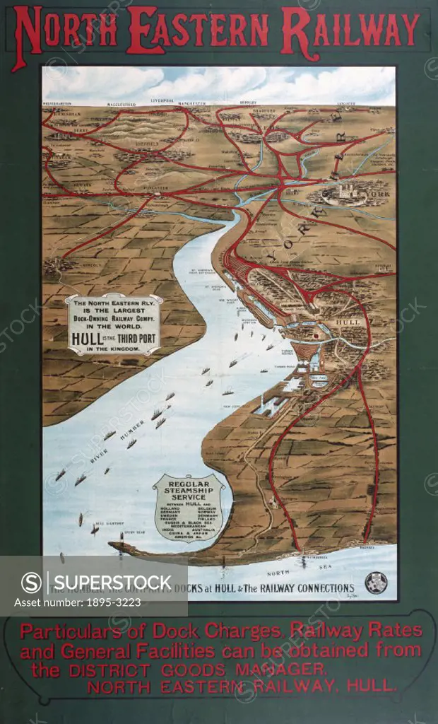 Poster produced by North Eastern Railway (NER) to promote routes along the Humber, the company´s docks at Hull and connections. Artwork by Percy Home.