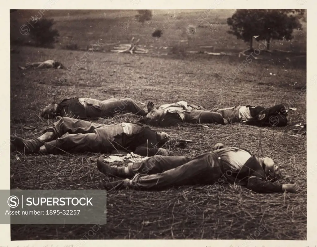 A photograph of dead soldiers on the battlefield at Gettysburg in Pennsylvania, America, by Alexander Gardener (1821-1882) from a negative produced by...