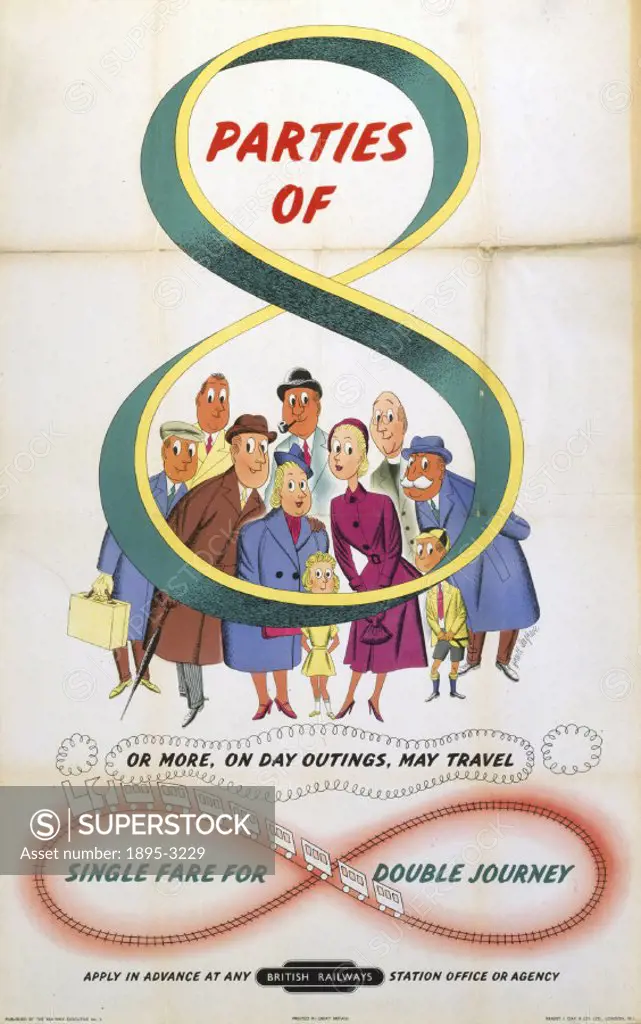 Poster produced by British Railways (BR) to promote the offer of single-rate fares for day return journeys for parties of eight or more. Artwork by Br...