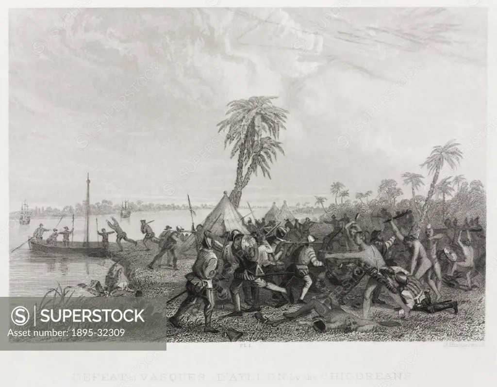 Engraving made in 1853 by Robert Hinshelwood after Captain Seth Eastman, US Army, showing the ill-fated attempt by the Spaniards to found the first Eu...