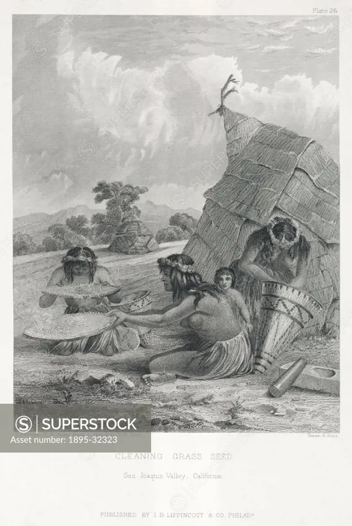 Engraving after Captain Seth Eastman, US Army, from a sketch by E M Kern, showing Native American women using woven sieves or dishes to winnow grass s...