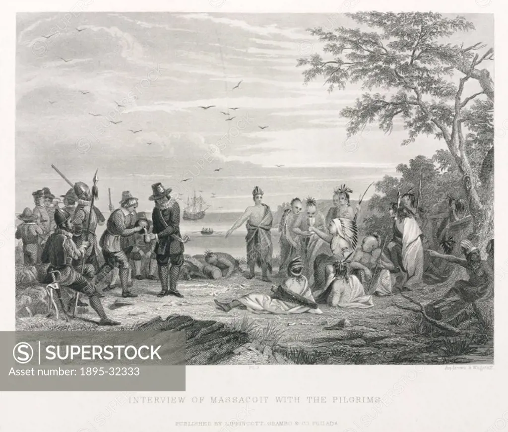 Engraving made in 1847 by C E Wagstaff and J Andrews after Captain Seth Eastman, US Army, of Quaker pilgrims meeting Massasoit (c 1580-1661), chief of...