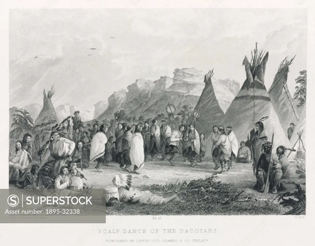 Engraving by S Burt after Captain Seth Eastman, US Army, showing a group of Sioux or Dakota. Native Americans believed that a trophy scalp transferred...