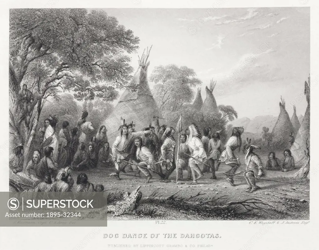 Engraving by C E Wagstaff and J Andrews after Captain Seth Eastman, US Army, showing a group of Sioux or Dakota Native Americans performing a ritual d...