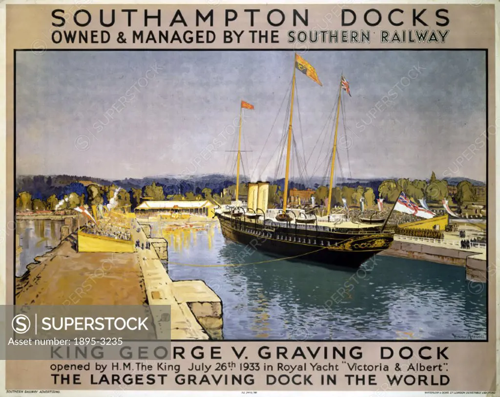 Southern Railway poster showing King George V Graving Dock. Artwork by Donald Maxwell (1877-1936), who studied at the Slade and was an official artist...