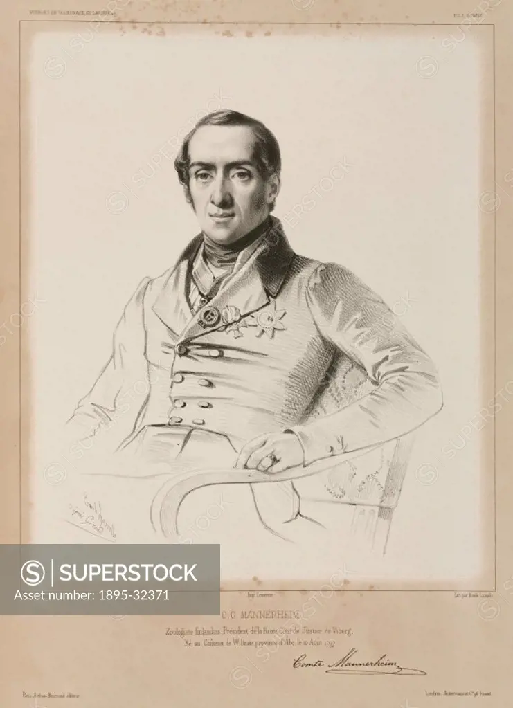 Engraved portrait by Lassalle after Giraud, of entomologist Count Mannerheim (1797-1854) who was President of the High Court of Justice at Viburg (or ...