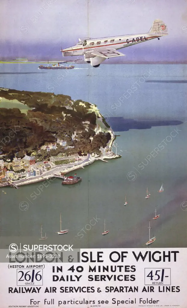 Poster produced for the Southern Railways (SR) to promote daily train and air services between Heston Airport, London and the Isle of Wight, Hampshire...