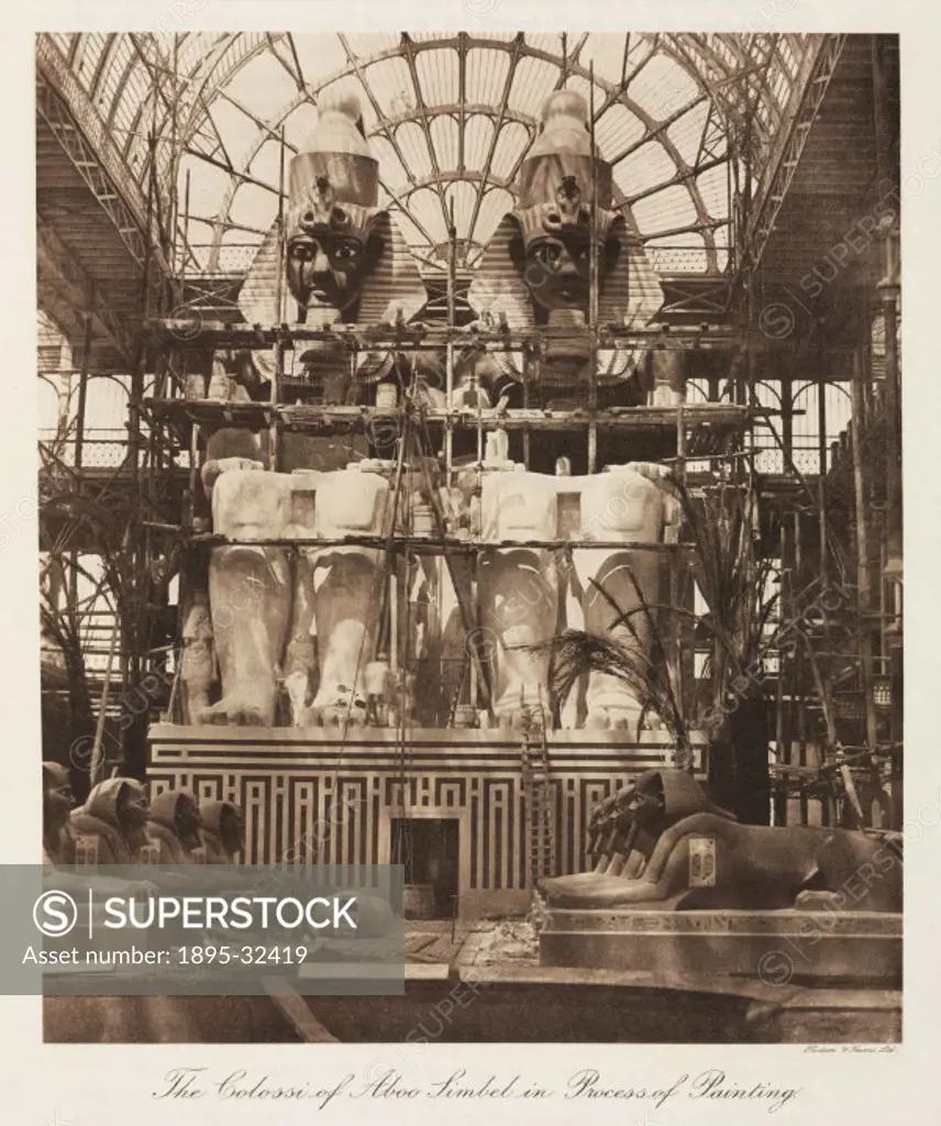 Replicas of monumental Ancient Egyptian sculptures being prepared for display. The Crystal Palace was built to house the ´Great Exhibition of the Work...