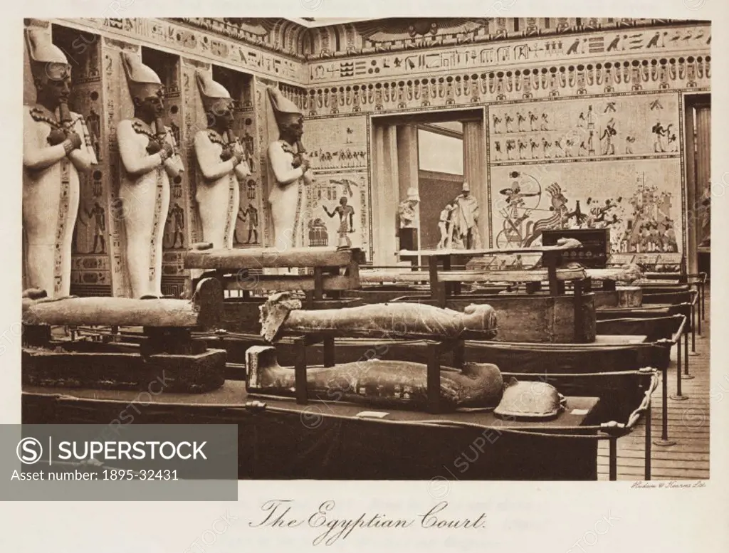 Interior view showing replica Ancient Egyptian statues, wall paintings and sarcophagi. The Crystal Palace was built to house the ´Great Exhibition of ...