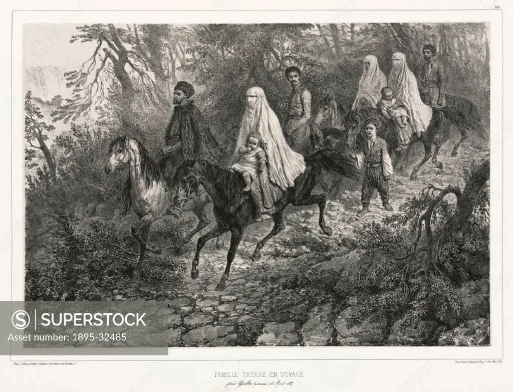 Lithograph by Raffet showing a Muslim Tatar family riding in the Crimea (now in the Ukraine). From Voyage dans la Russie meridionale et la Crimee, pa...