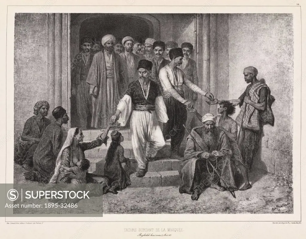 Lithograph by Raffet showing Muslim men giving alms to beggars in the Crimea (now in the Ukraine). From Voyage dans la Russie meridionale et la Crime...