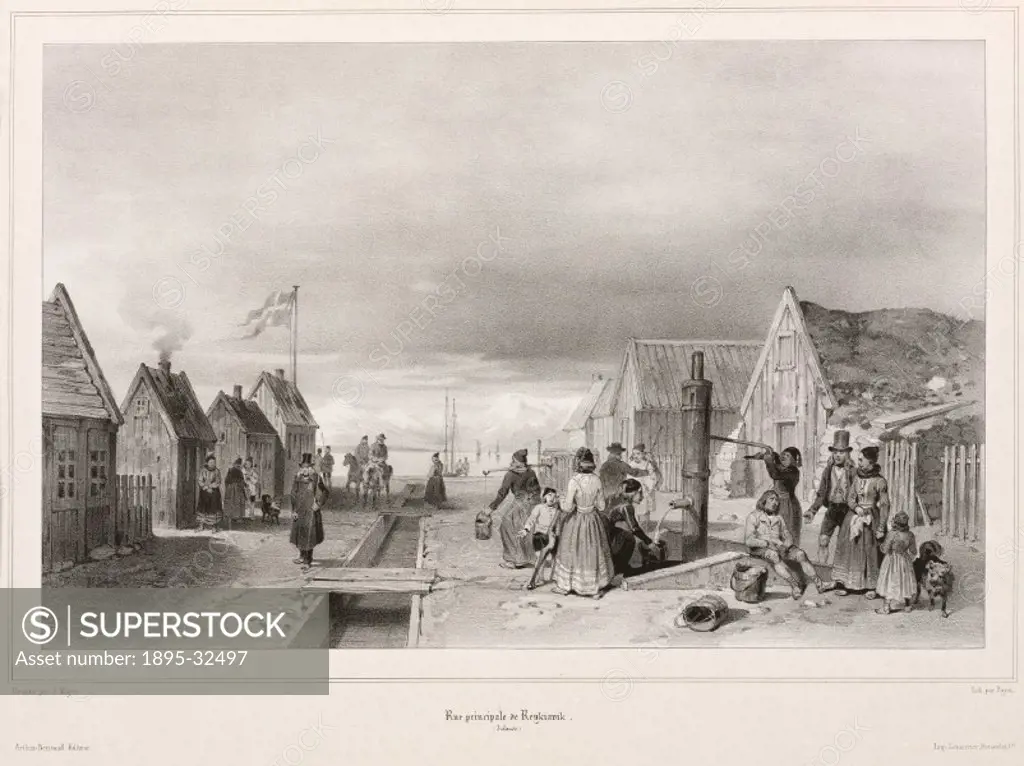 Lithograph by Bayot after a drawing by A Mayer, showing people collecting water from a hand-operated pump. Illustration from Voyage en Islande et au ...