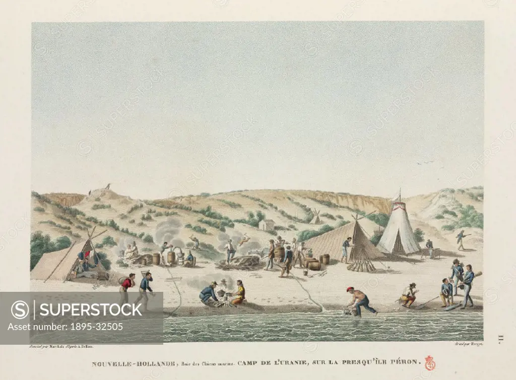 The crew of the French ship Uranie’, cooking and collecting water at Shark Bay on the island of Peron in what is now Australia. Illustration from Vo...