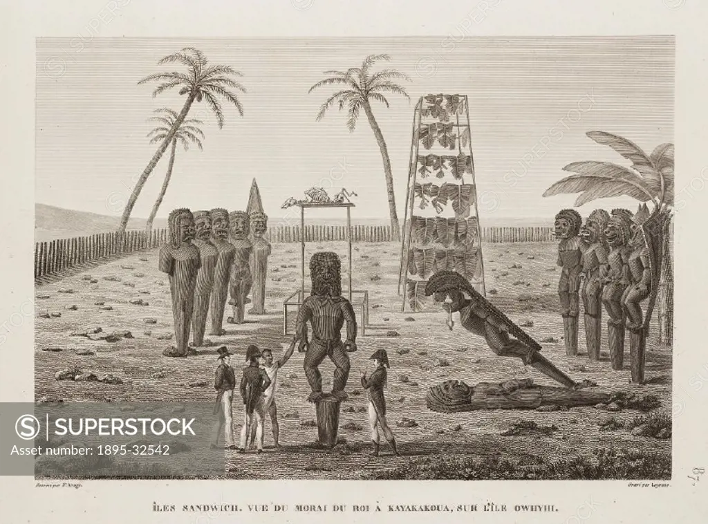 Europeans visiting a morai which was a sacred place, used for burial and worship in the Sandwich Islands, now Hawaii, part of the USA. Illustration fr...