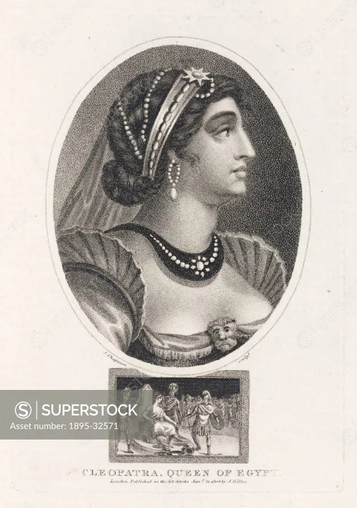 Engraving by J Chapman made in 1804, showing a romanticised 19th century conception of Queen Cleopatra of Egypt (69-30 BC). Illustration from Encyclo...