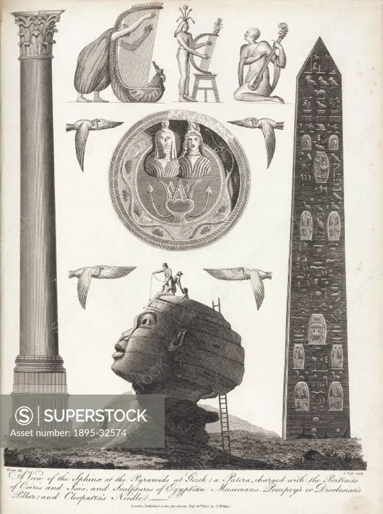 Engraving by J Pass after Denon showing Ancient Egyptian artifacts. At the top are sculptures of musicians playing harps and other stringed instrument...