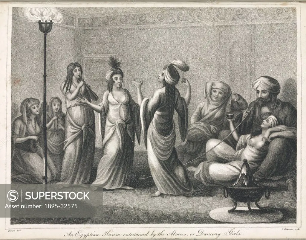Engraving by J Chapman after Denon, of a bearded and turbanned man watching musicians and dancers. An alma, or almah, is an Egyptian female singer or ...