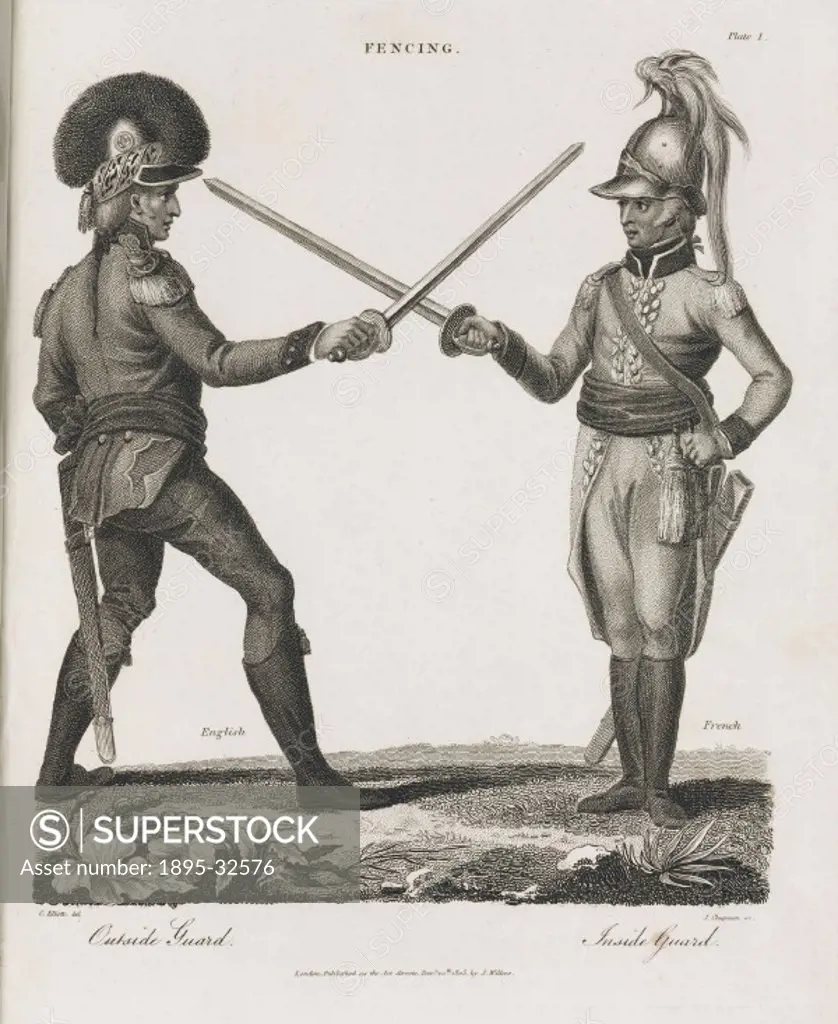 Engraving by J Chapman after C Elliott, of English (left) and French (right) officers fencing. Illustration from Encyclopaedia Londinensis, or, Unive...