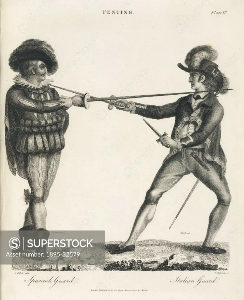 Engraving by J Chapman after C Elliott, of a Spaniard (left) and an Italian (right) fencing. Illustration from Encyclopaedia Londinensis, or, Univers...