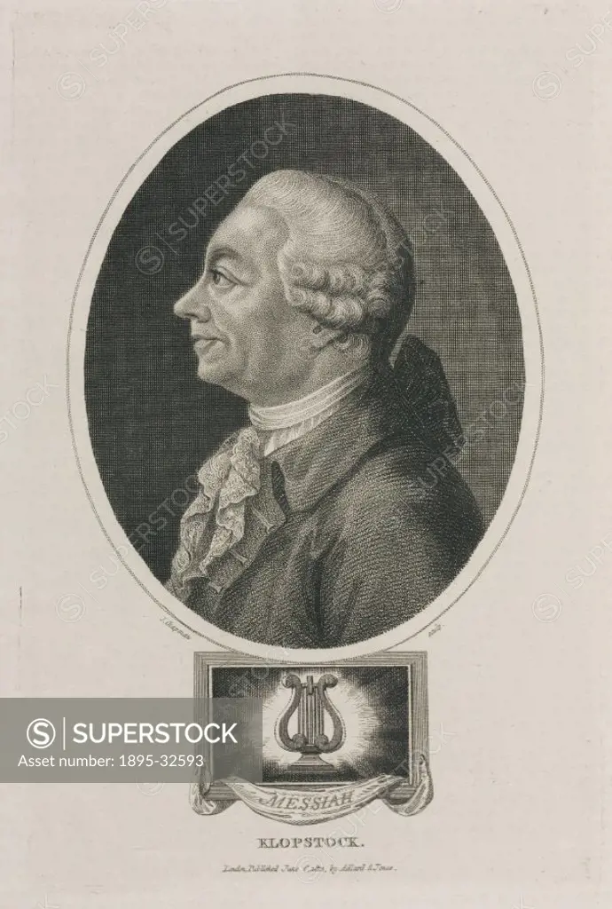 Engraving by J Chapman made c 1812, of Klopstock (1724-1803). Below is a glowing lyre with the word Messiah’, a reference to his religious epic Der ...