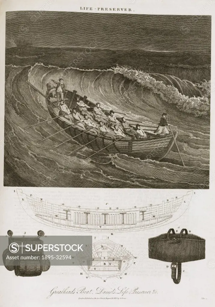 Engraving by J Pass. Henry Greathead (1757-1816) built the first lifeboat, the ´Original´, in 1790. Following the wreck of the ´Adventure´ the previou...