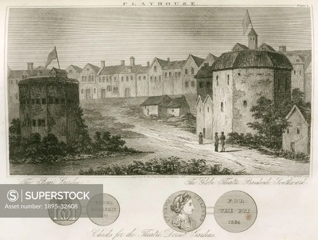 Engraving by E J Roberts made c 1820, of the Bear Garden where bears were baited by mastiffs for entertainment, and the Globe Theatre which opened in ...