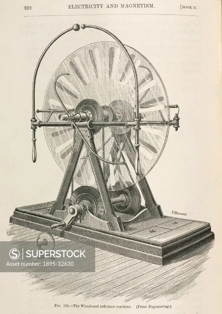 Engraving by Steinmetz. This machine was the first capable of producing static electricity in all atmospheric conditions. It was invented by amateur s...