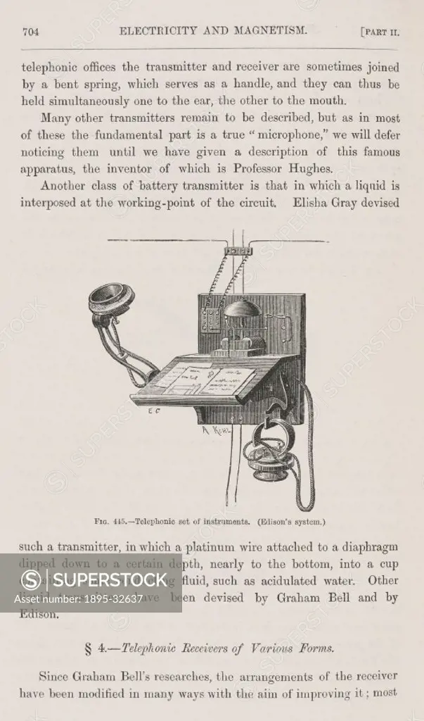 Engraving by Kohl. The American scientist and inventor Thomas Alva Edison (1847-1931) redesigned the telephone shortly after its invention by Alexande...