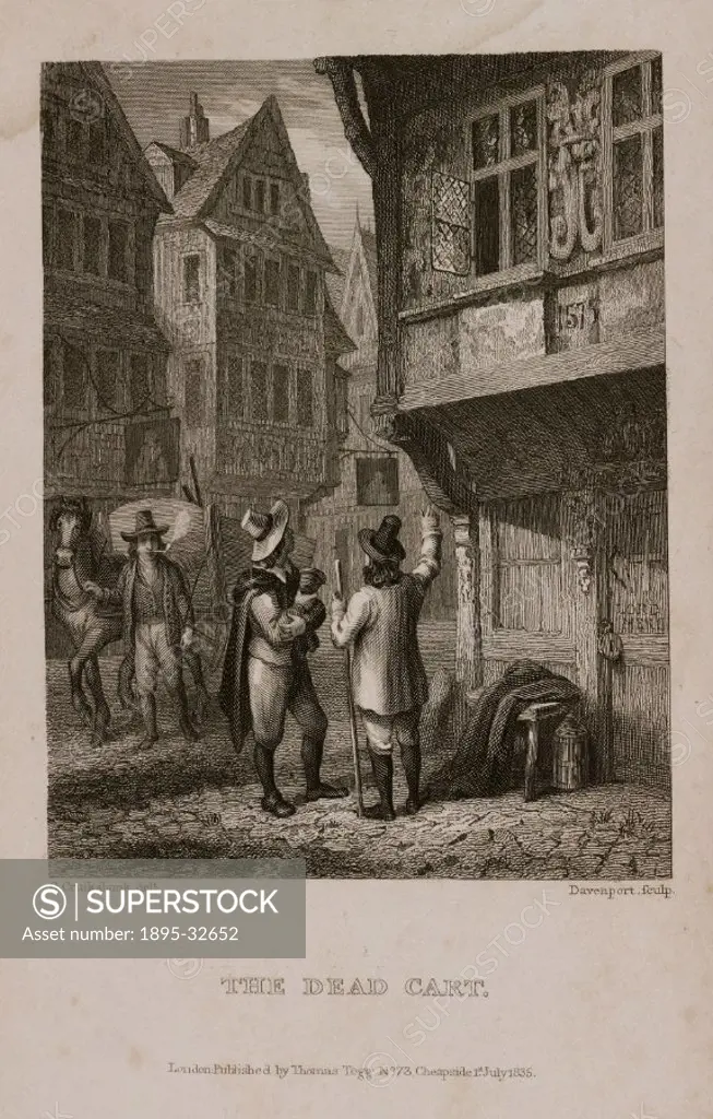 Engraving made c 1865 by Davenport after Cruikshank, showing the Dead Cart’ collecting bodies of plague victims. The door on the right is marked Lor...