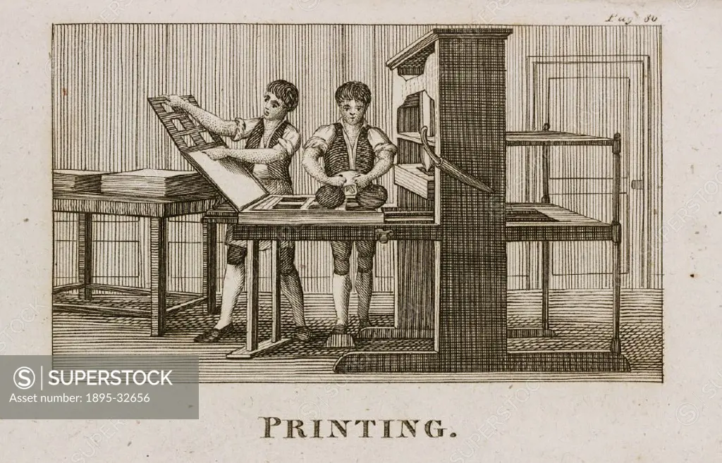Printers preparing plates for the press. The man on the right is inking the plate. Illustration from The sister arts, : or, A concise & interesting v...
