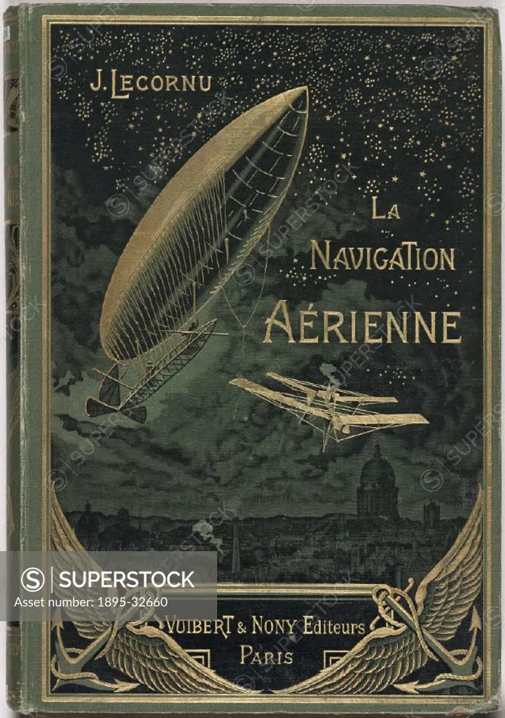 Decorative cover in green publishers´ cloth showing a cityscape at night in black. A dirigible balloon, a steam-powered flying machine, the stars and ...