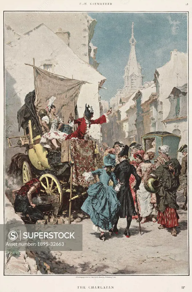 An 18th-century quack peddles his dubious remedies to passers by. Illustration from Figaro Exposition 1889’, a publication produced for  L’Exposition...