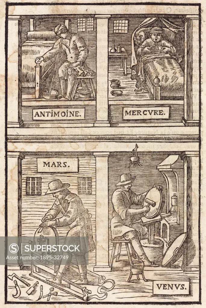 Woodcut. Alchemical imagery is full of rich and complex symbolism. Each of these four scenes represents an important alchemical concept. Mars is repre...