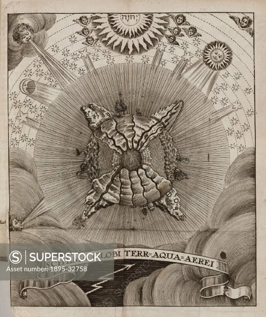 Genesis of the world of the elements between the celestial world of light and the chaotic underworld, inspired by engravings in Athanasius Kircher´s (...