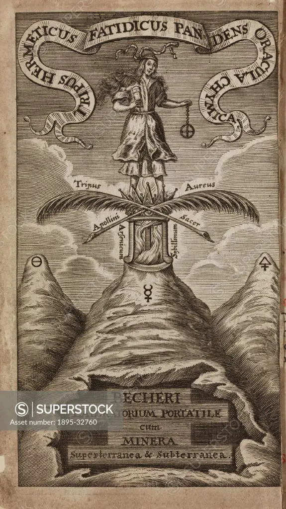 Frontispiece of Tripus Hermeticus Fatidicus’ (The Prophetical Hermetic Tripod’) by Johann Joachim Becher (1635-1682) published in Frankfurt in 1689....