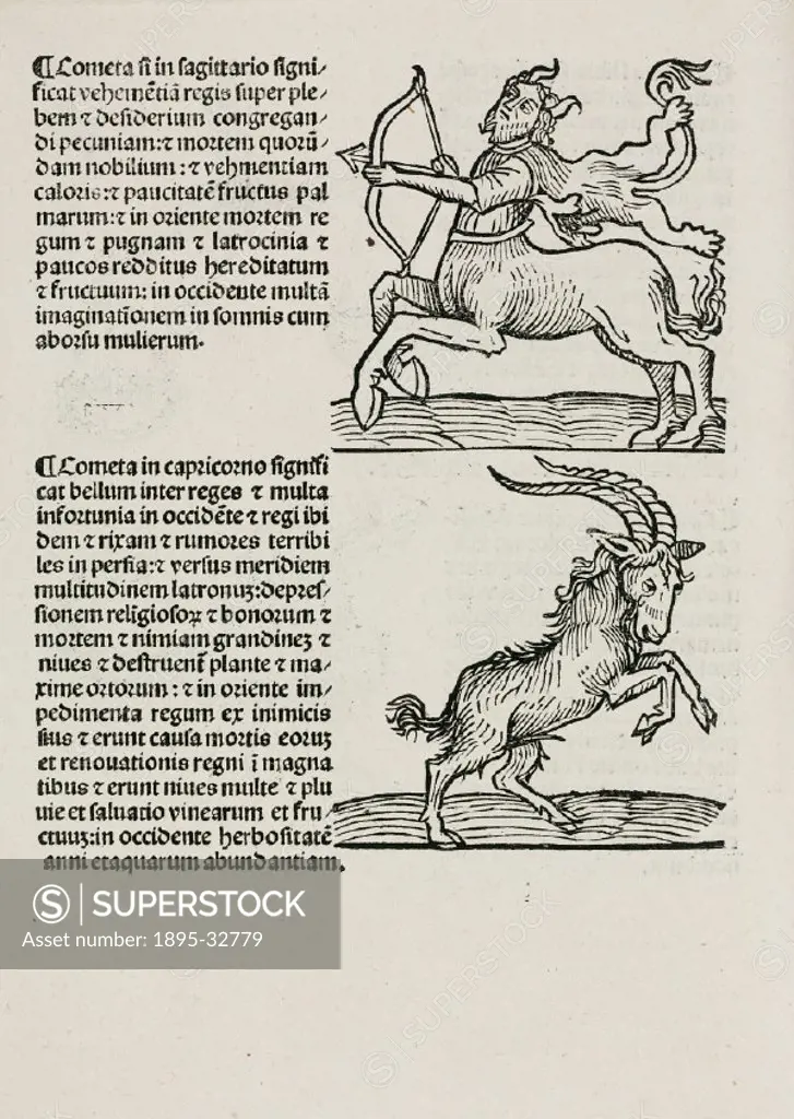 Woodcut of two signs of the zodiac with text which discusses the appearance of comets in each of these constellations and the terrible events that hap...