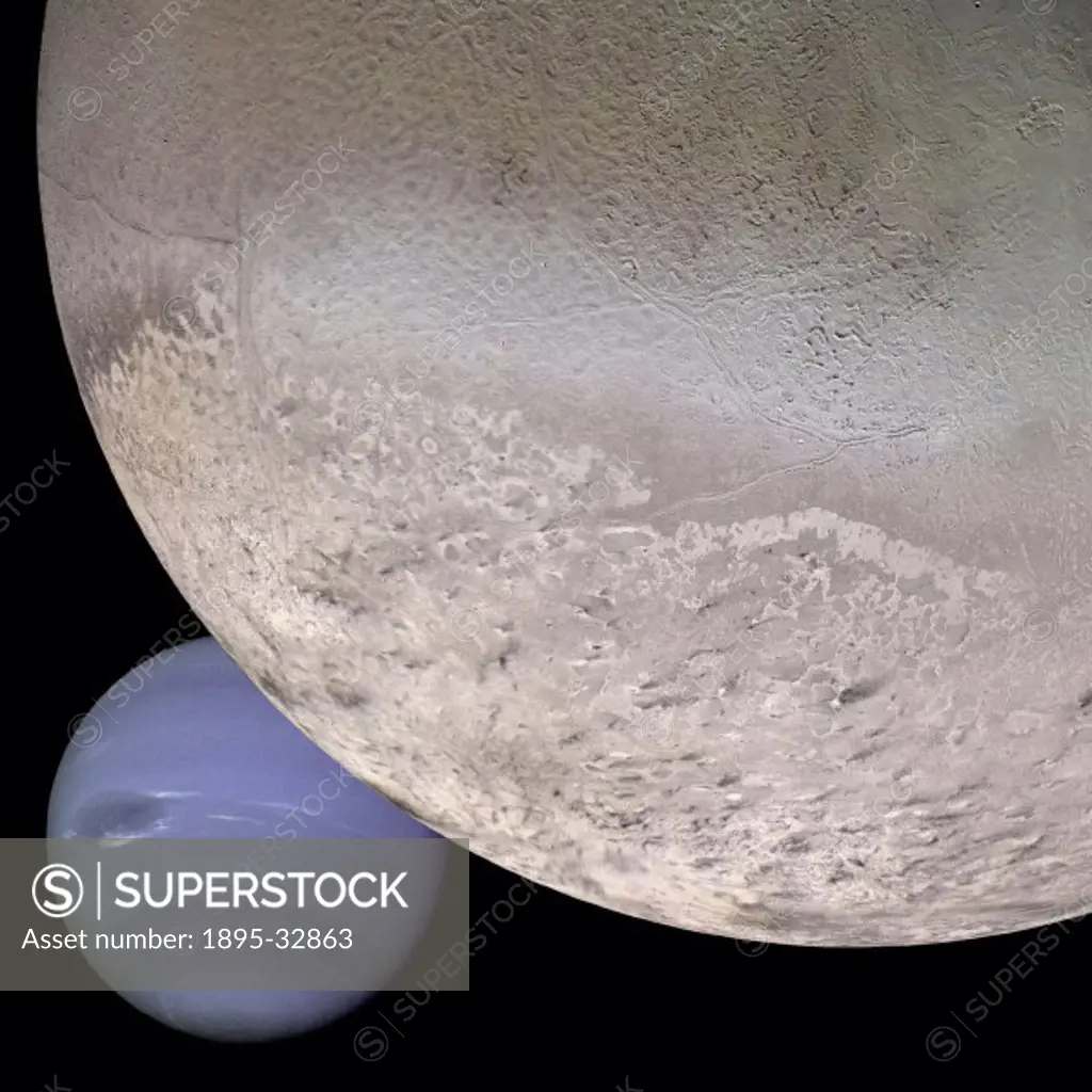 ´This computer generated montage shows Neptune as it would appear from a spacecraft approaching Triton, Neptune´s largest moon at 2706 km (1683 mi) in...